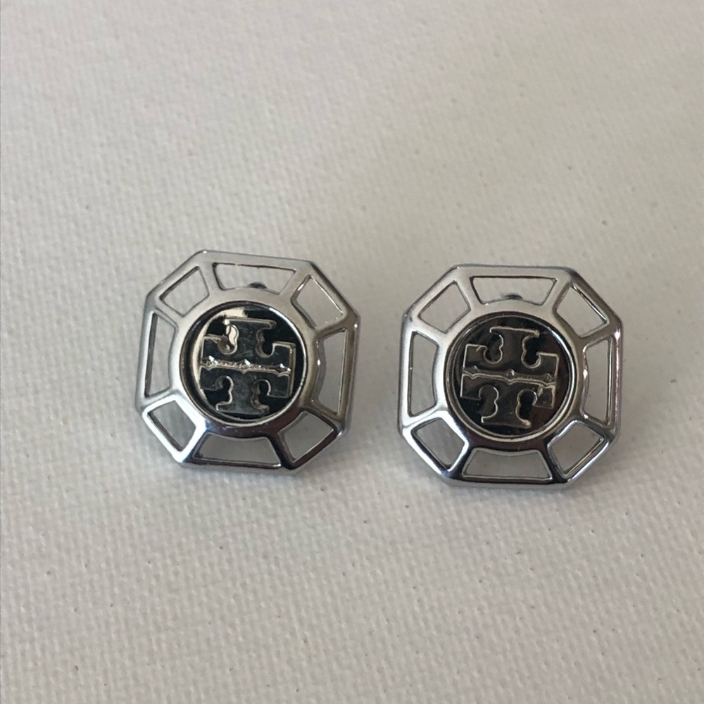 Tory Burch Large Logo Silver Earrings